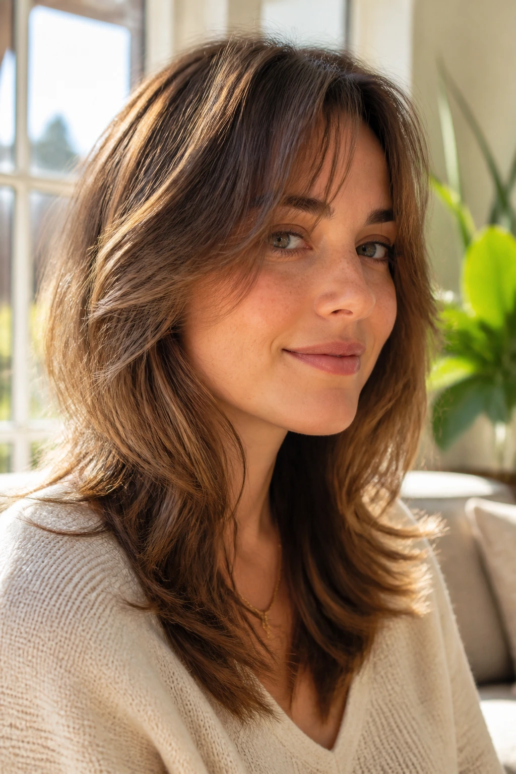 Close-up portrait of a woman with layered fringe blending into the front in a sunlit living room