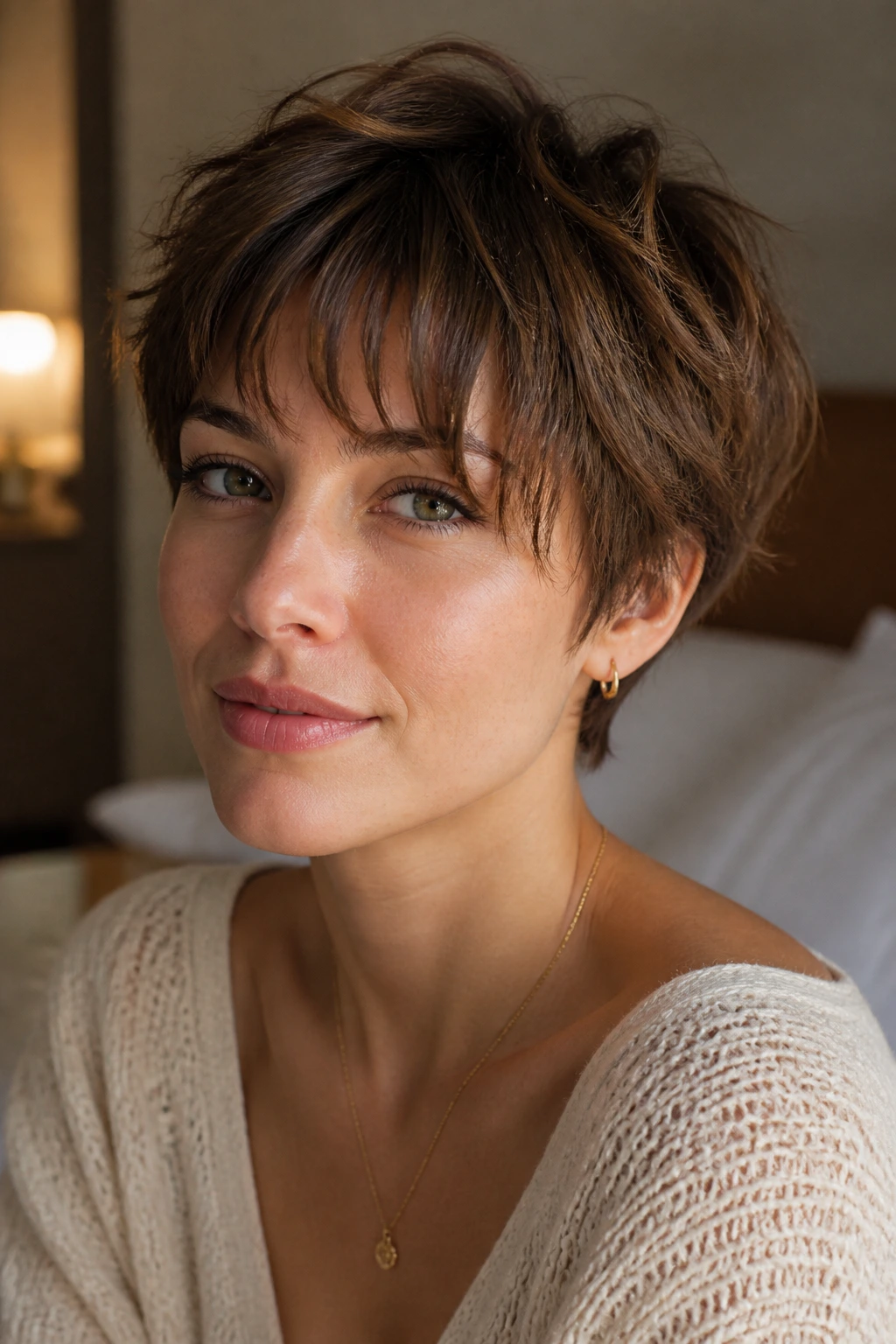 Close-up portrait of a woman with a layered crop and fringe in warm window light