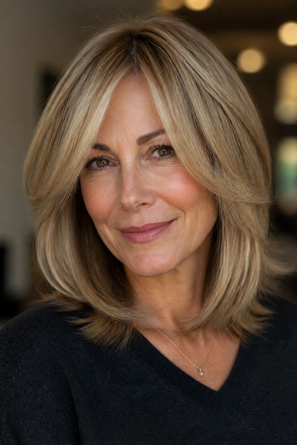 Portrait of a person with long layered fringe blending into a lob haircut