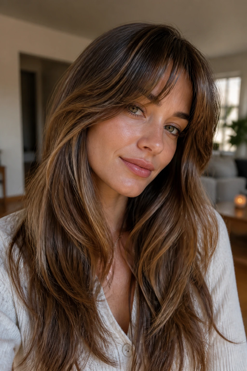 Close-up portrait of a real woman with layered fringe blending into long hair.