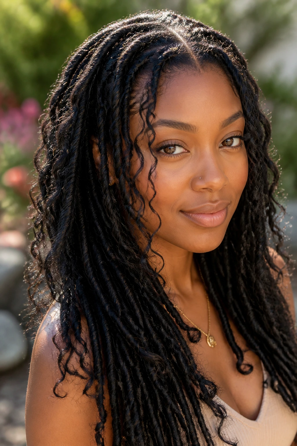 Close-up of layered goddess locs with feathered tendrils on a real person outdoors