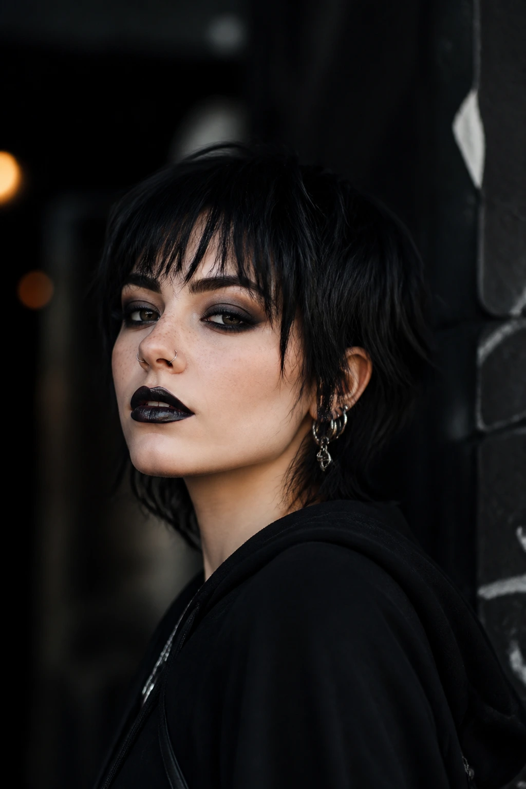 Close-up portrait of a real person with a layered goth short cut and bangs