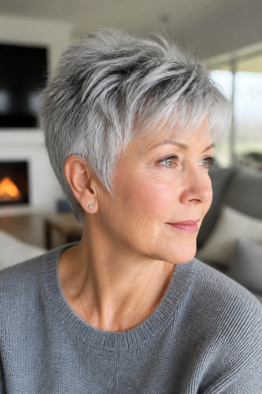 Close-up of a real woman with layered gray pixie for fine hair in bright daylight