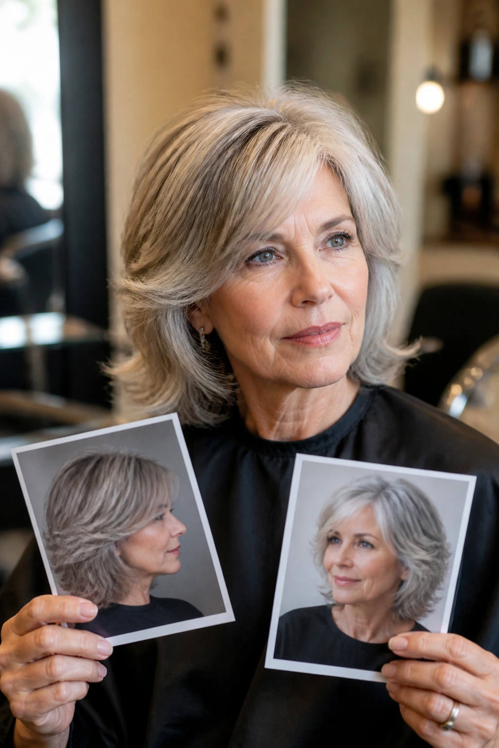 Close-up portrait of an older woman in a salon discussing layers with photo references