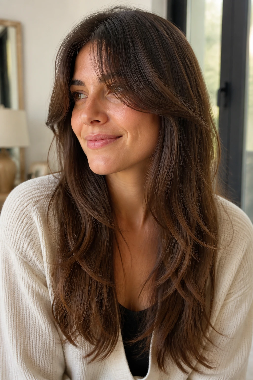 Portrait of person with long layered hair and curtain bangs