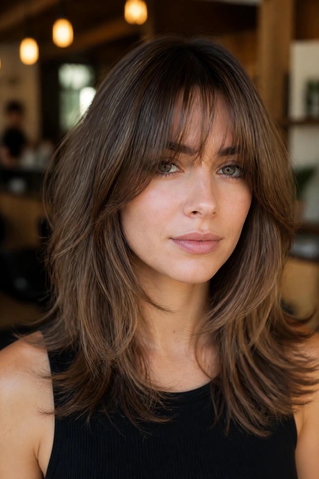 Close-up of a real woman showing layered haircut with dense perimeter and front layers in warm salon lighting