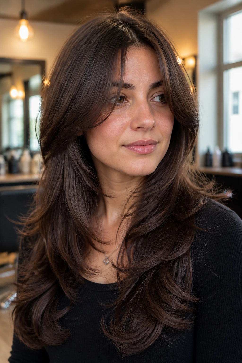 Close-up portrait of a real person with a layered haircut showing face-framing layers in a warm salon