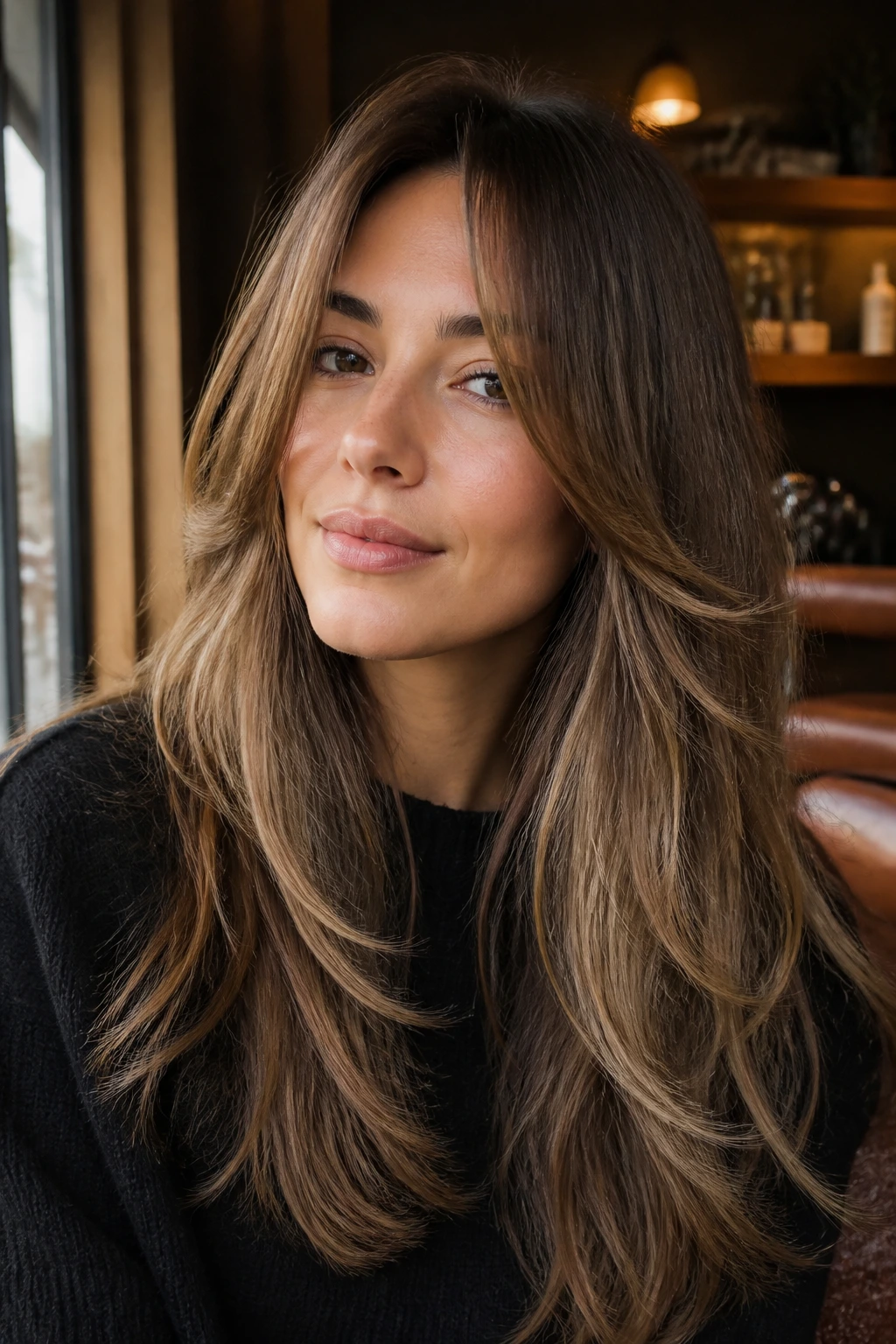 Close-up portrait of a woman with long layered hair showing crown lift in a warm salon setting