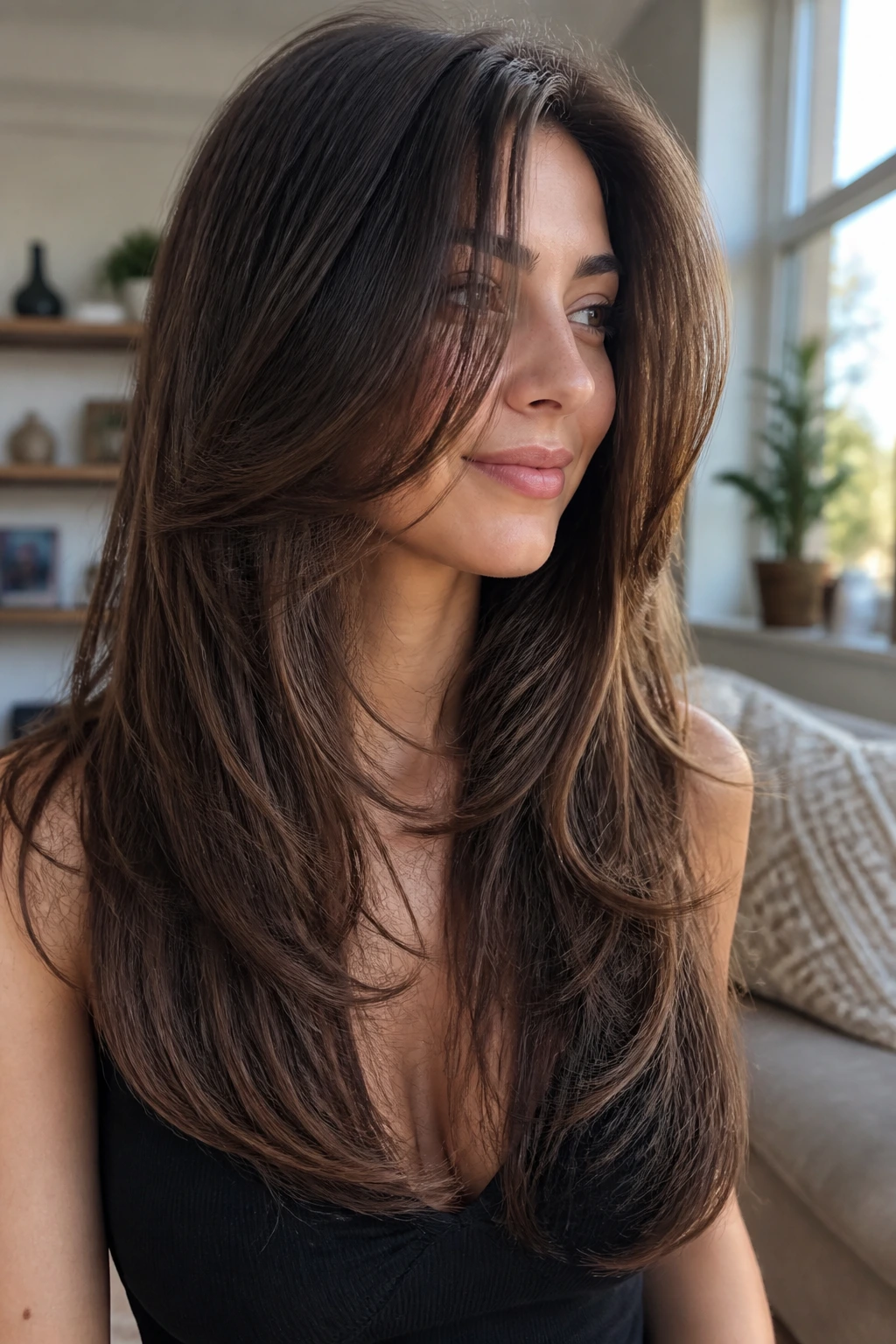 Close-up of a real woman with long layered hair showing movement and preserved length