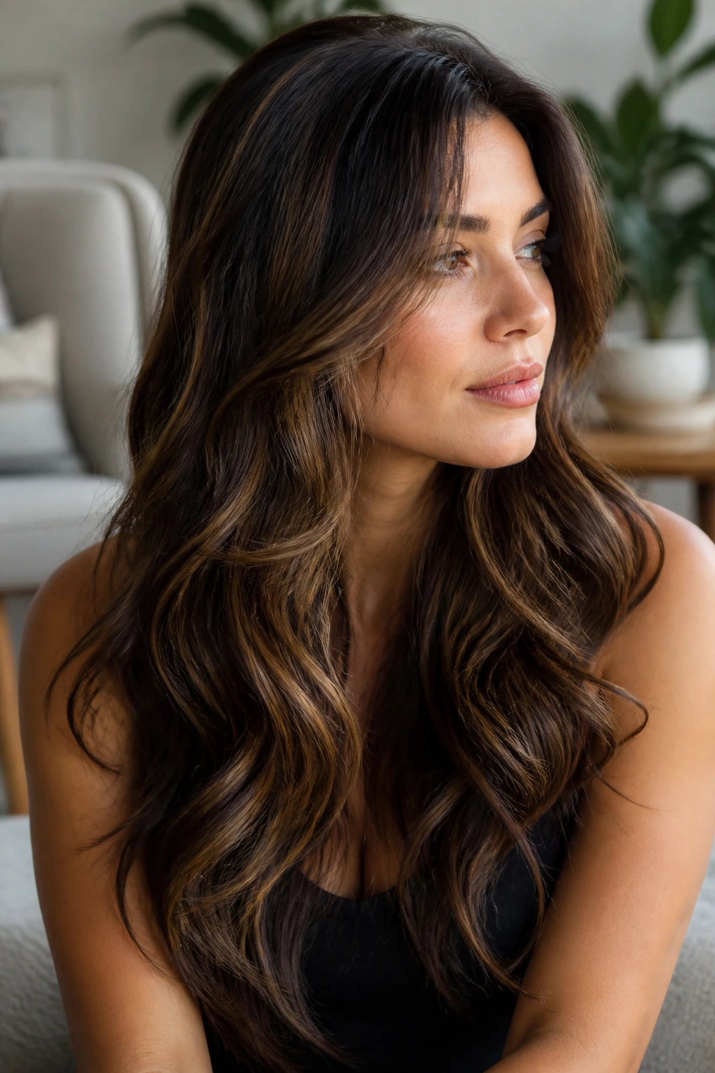 Portrait of a real woman with layered long thick hair and face-framing pieces