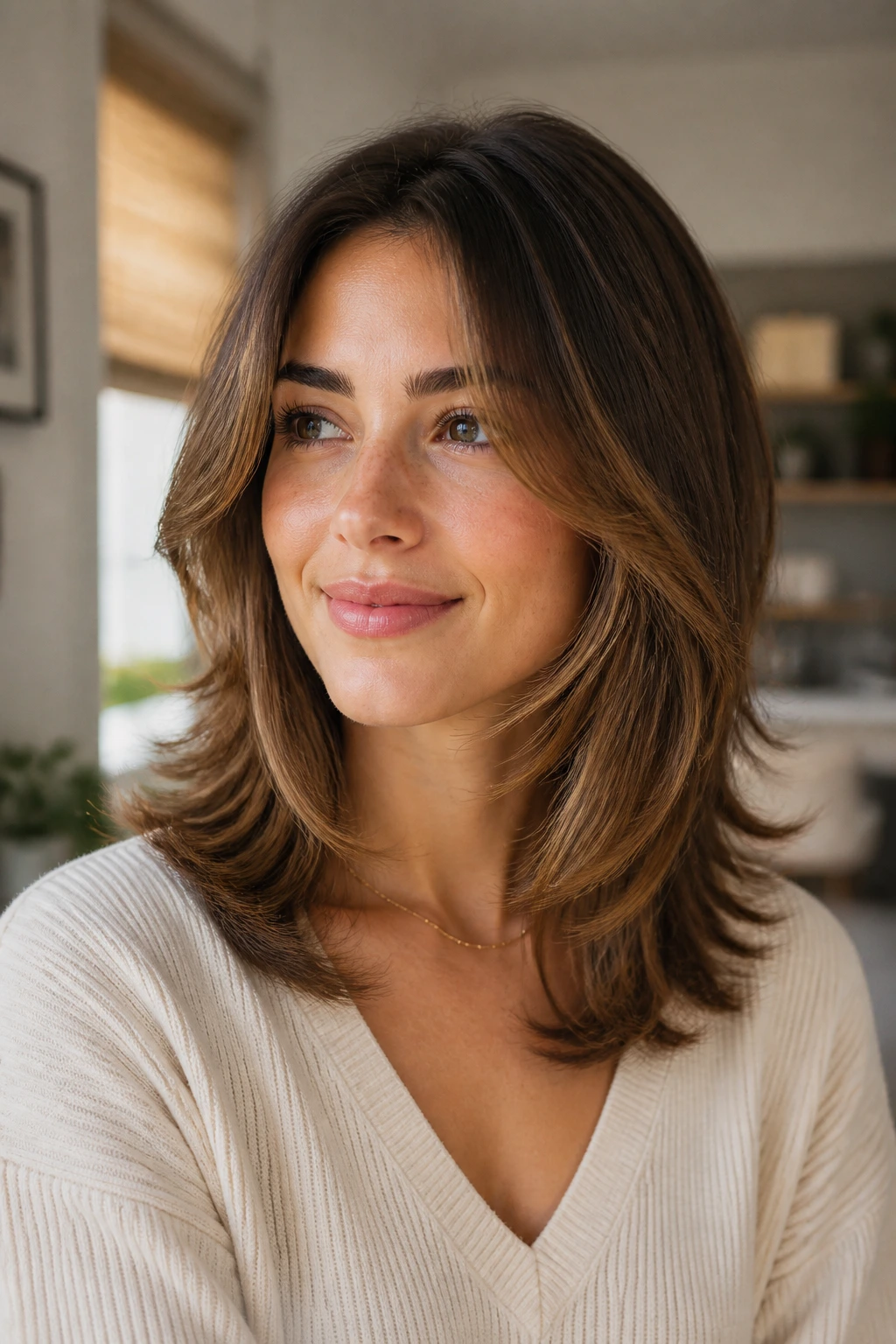 Real person with fresh-looking layered hair at home