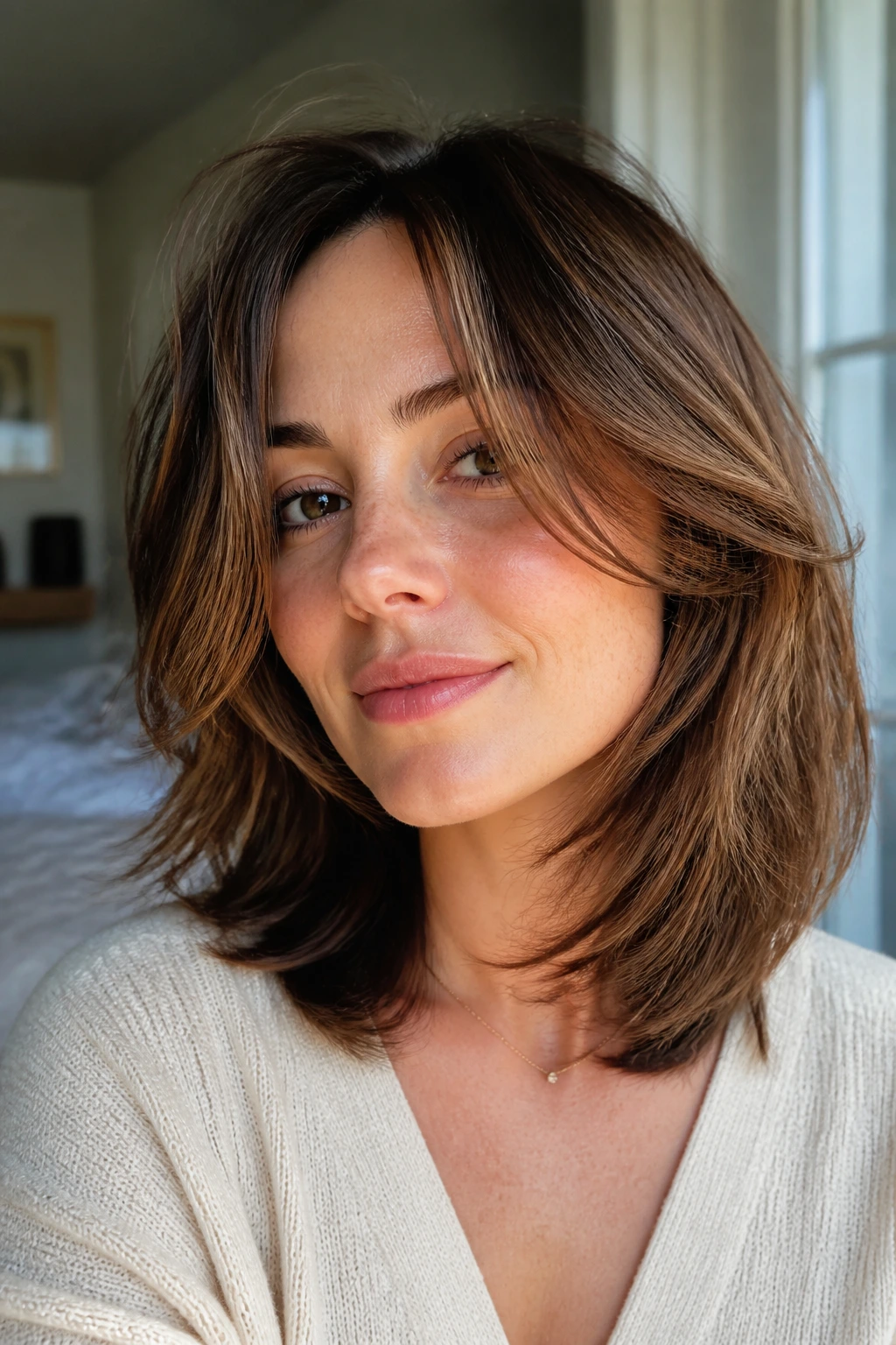 Close-up portrait of a real person with layered medium-length hair to prevent limp, natural window light
