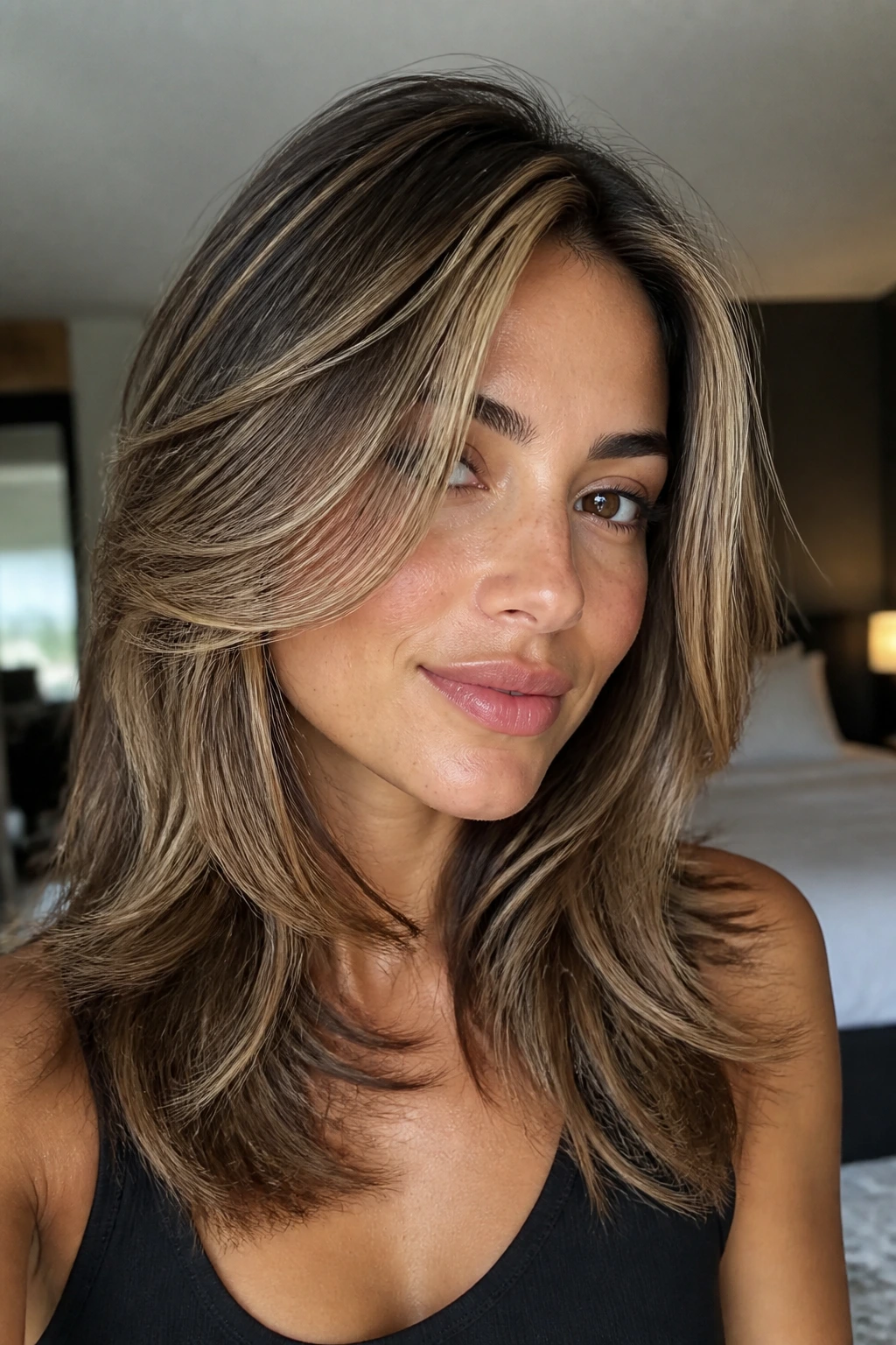 Close-up portrait of a real person with layered hair showing movement and dimension in natural window light.