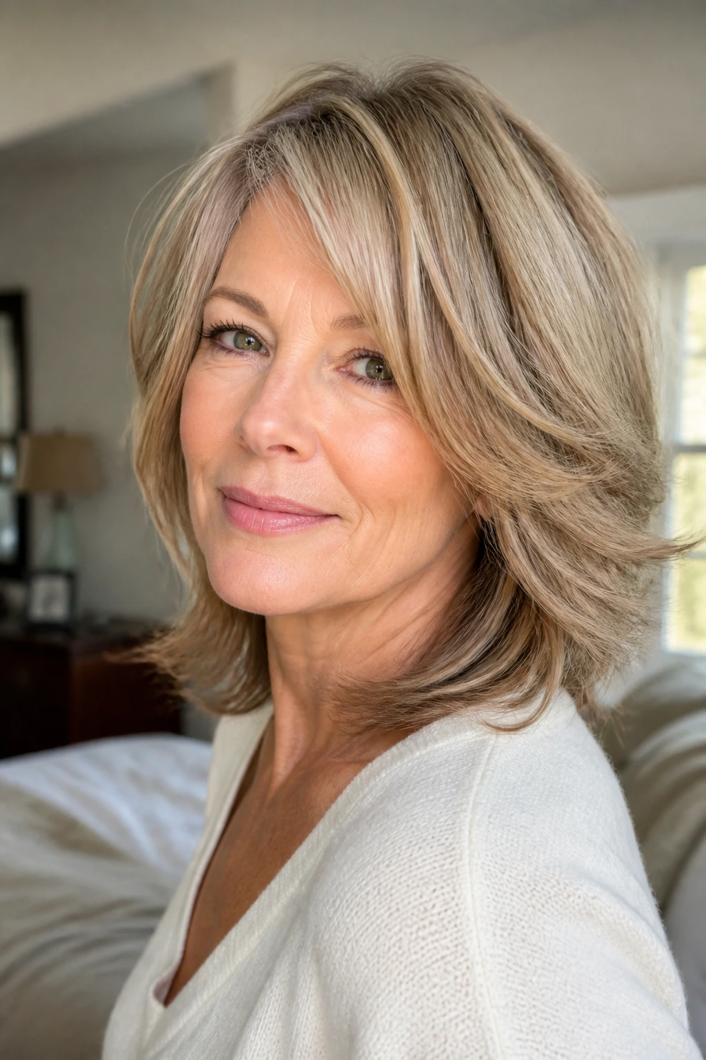Close-up portrait of a real woman with layered haircut showing lift and movement