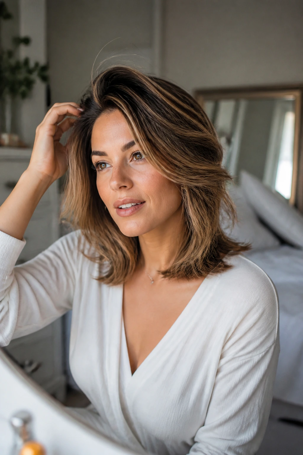 Portrait of real person with shoulder-length layered hair styled for mornings