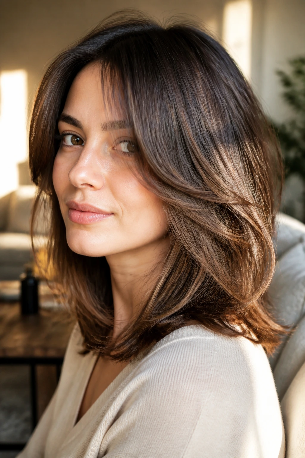 Close-up portrait of a real woman with a flowing medium-length layered hairstyle showing shape and movement in warm light
