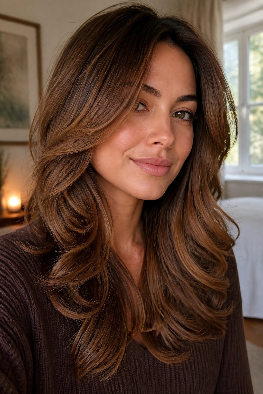 Brunette with layered hair styled in soft waves showing the layers.