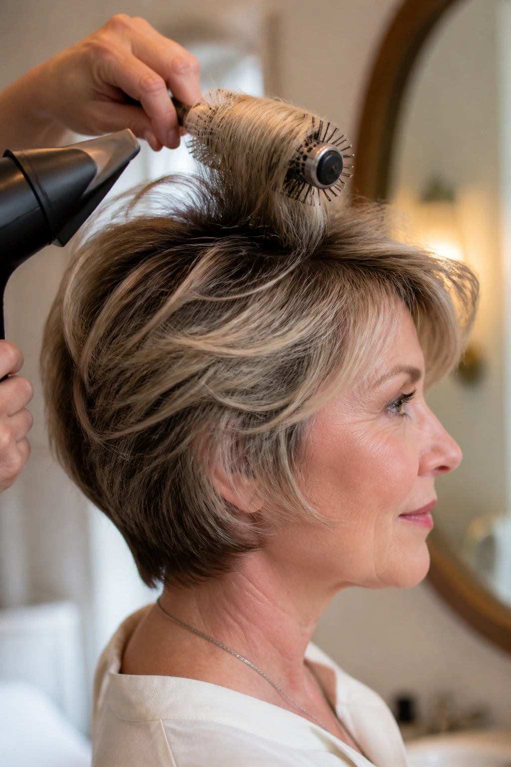 Real person with short layered hair being styled to keep layers visible