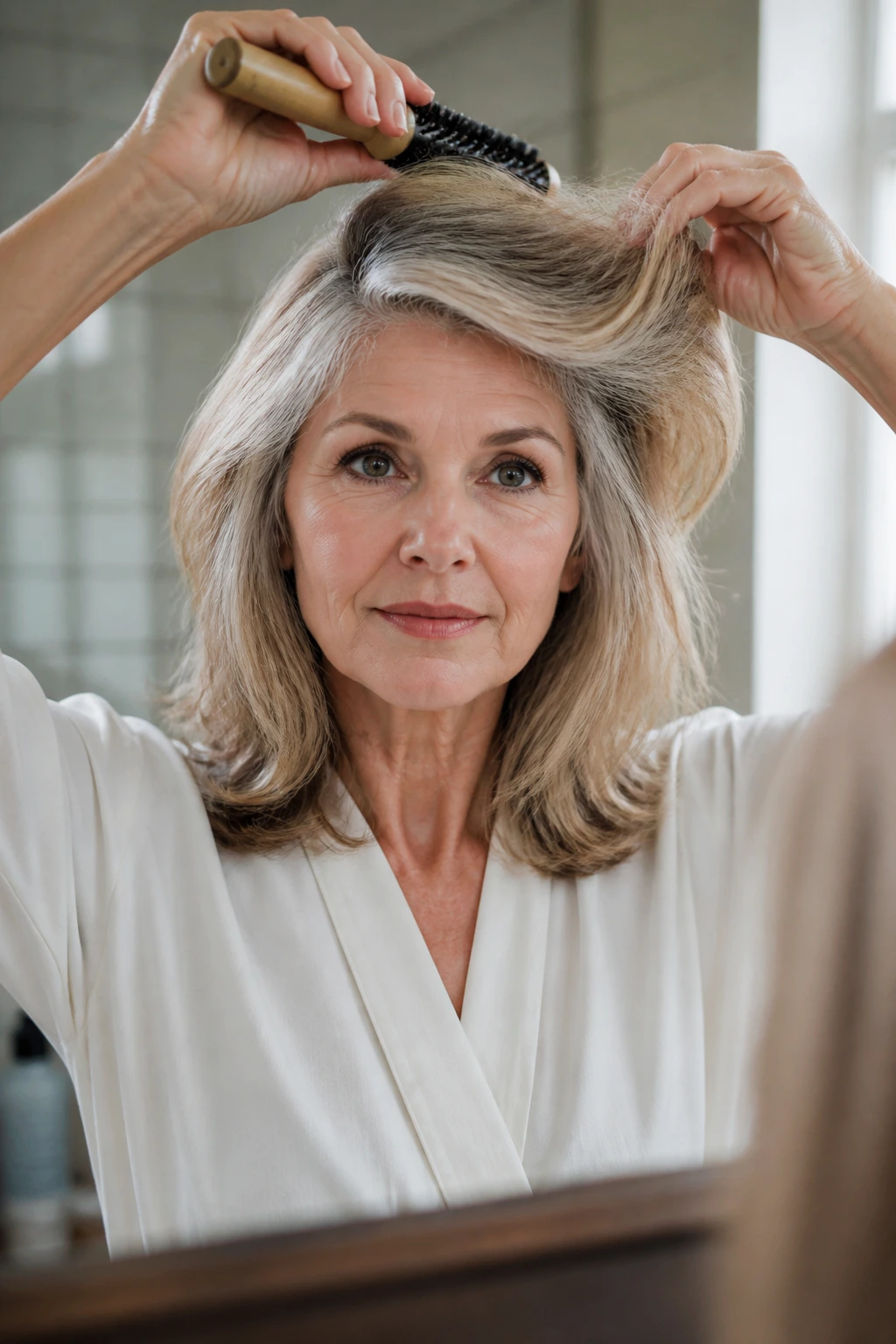 Real woman with layered hair during styling in a cozy bathroom