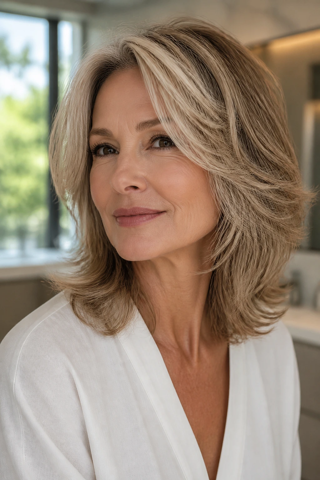 Portrait of a woman with layered hair, soft waves and intentional styling