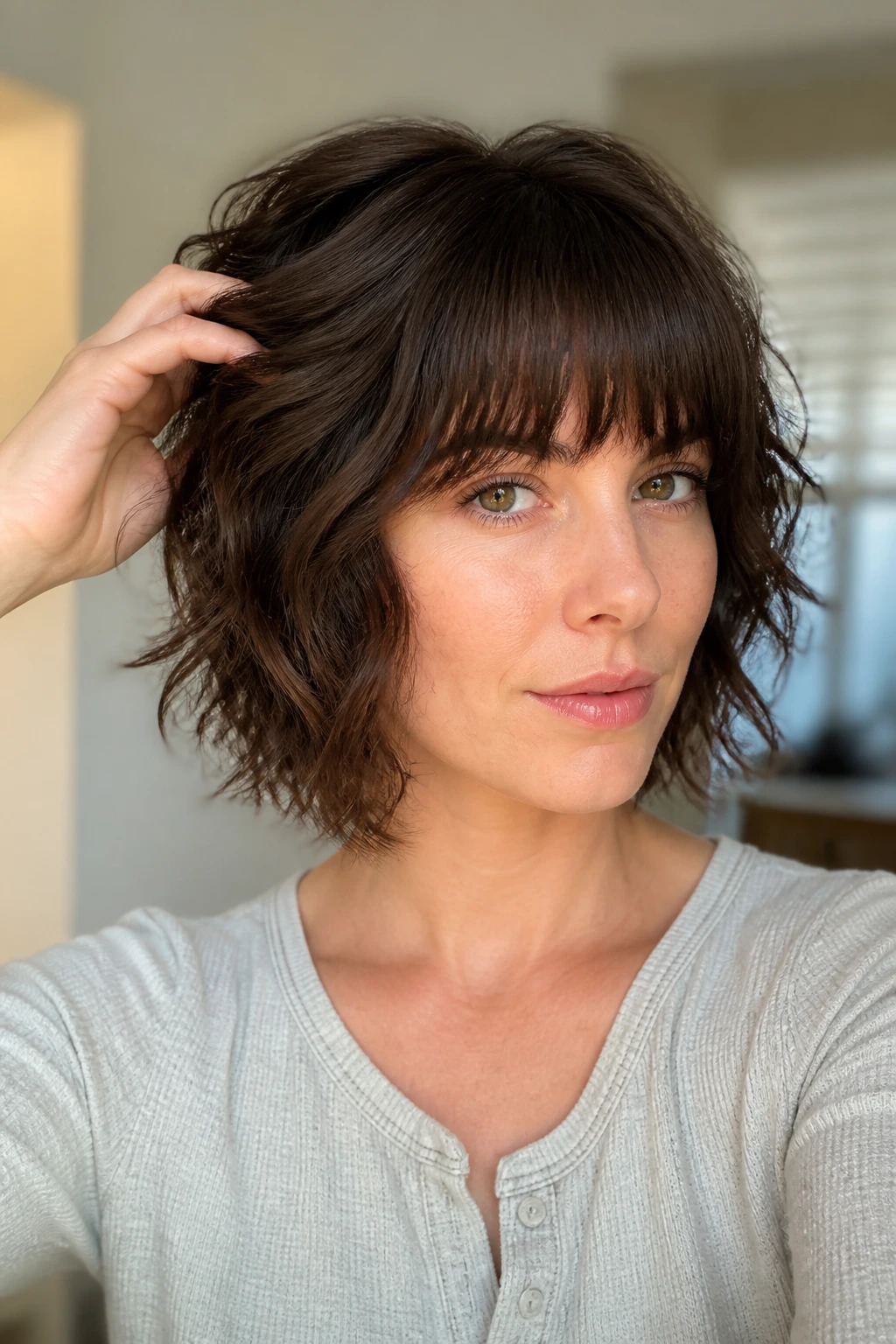 Person with layered hair styled to avoid puff, portrait