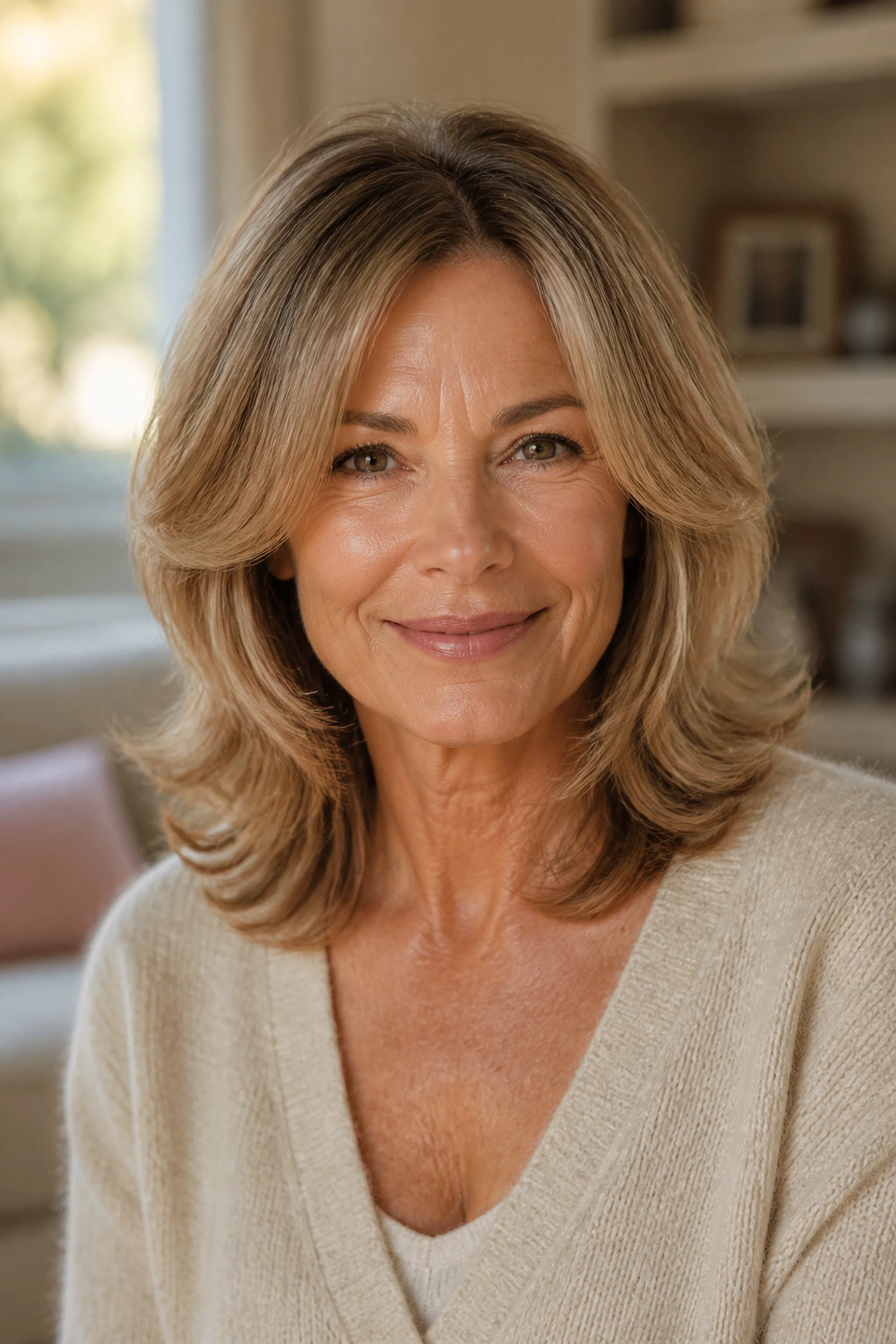 Close-up portrait of a real woman with layered medium-length hair showing texture and movement in warm window light