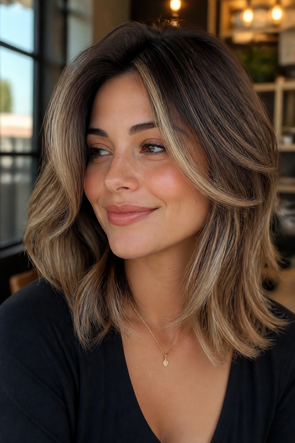 Portrait of a person showing variations on layered hair with shadow roots and face-framing highlights