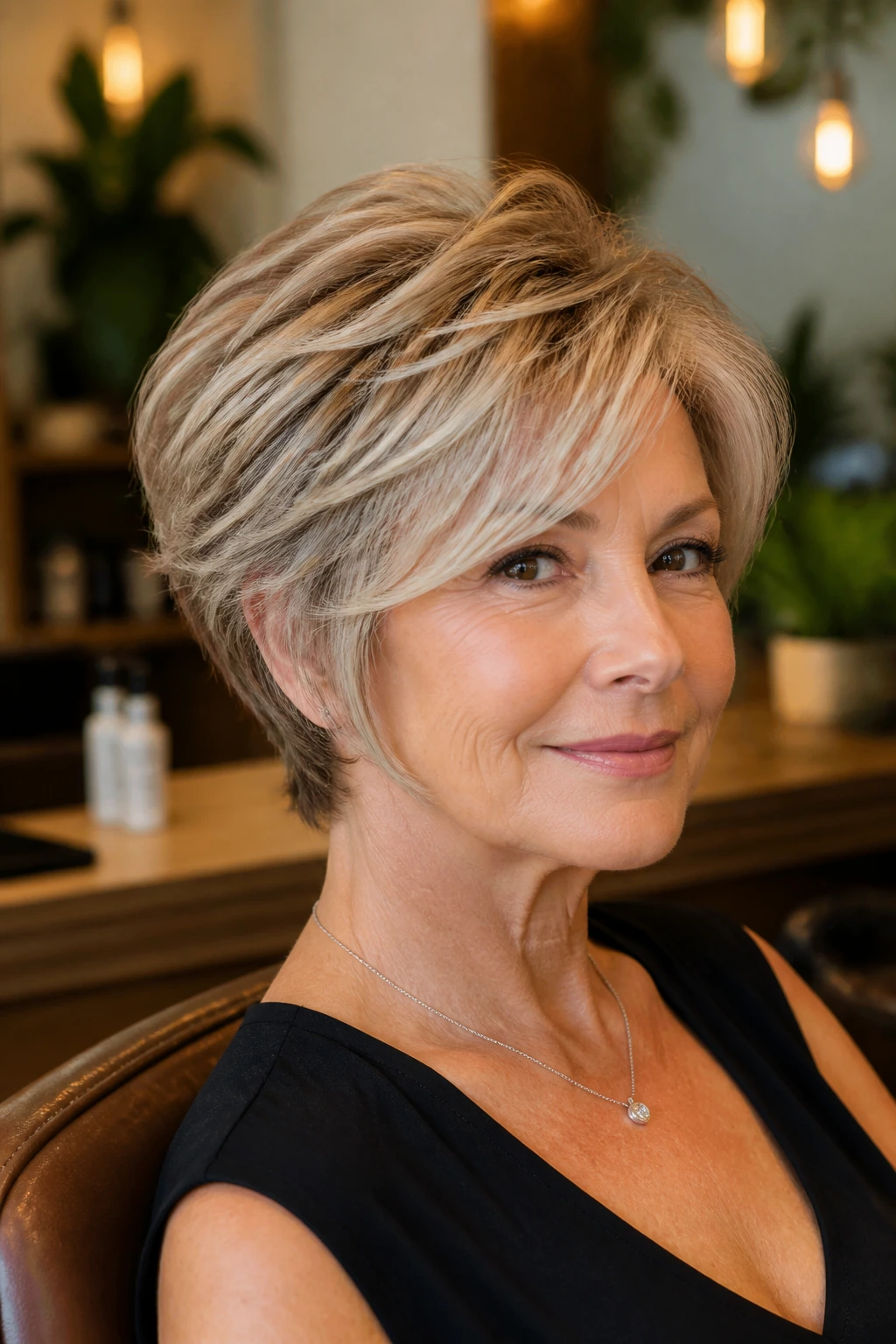 Portrait of a senior woman with a layered short haircut framed at the cheekbones in a salon