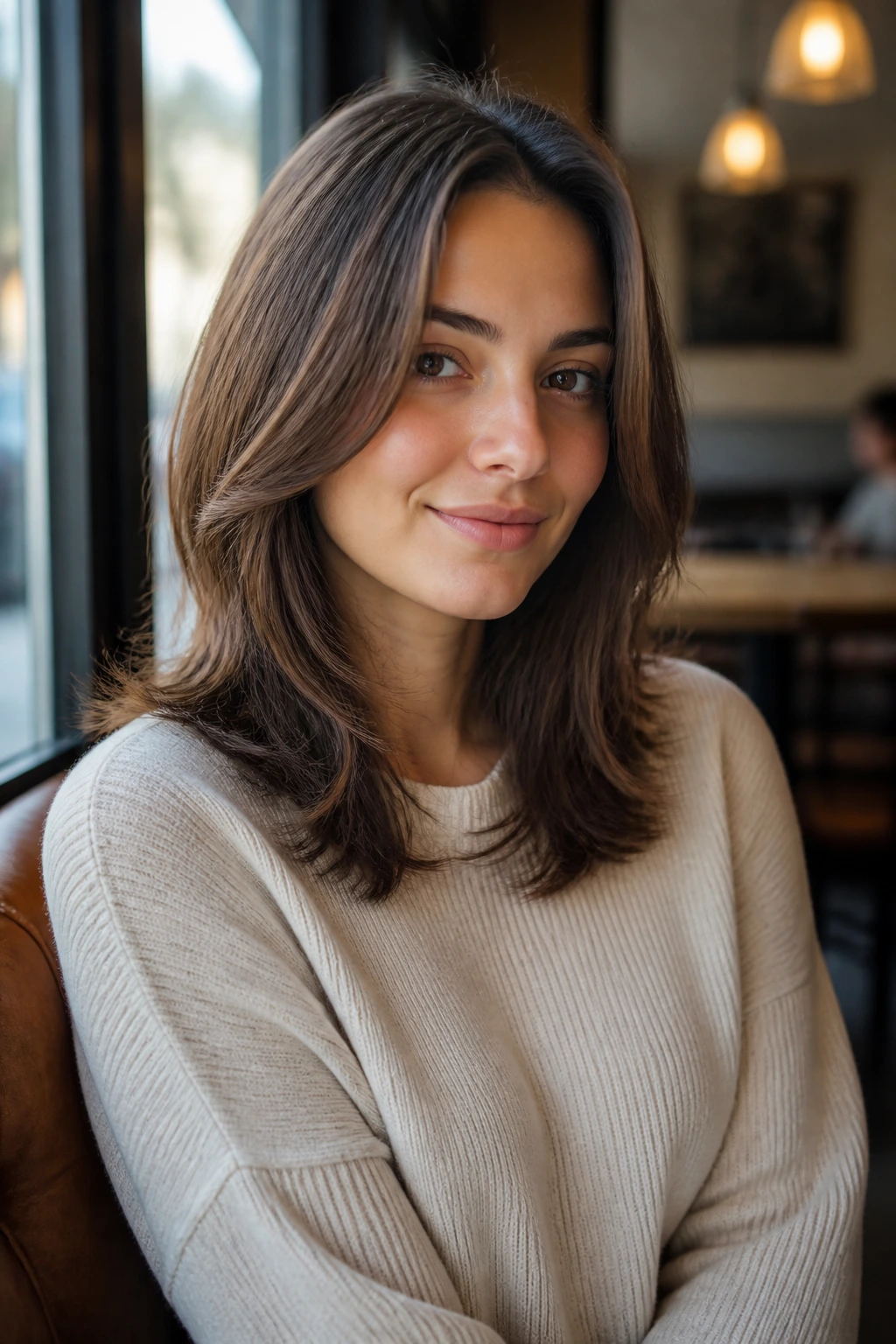 Portrait of a real person wearing a day-to-day layered haircut in a casual cafe setting.
