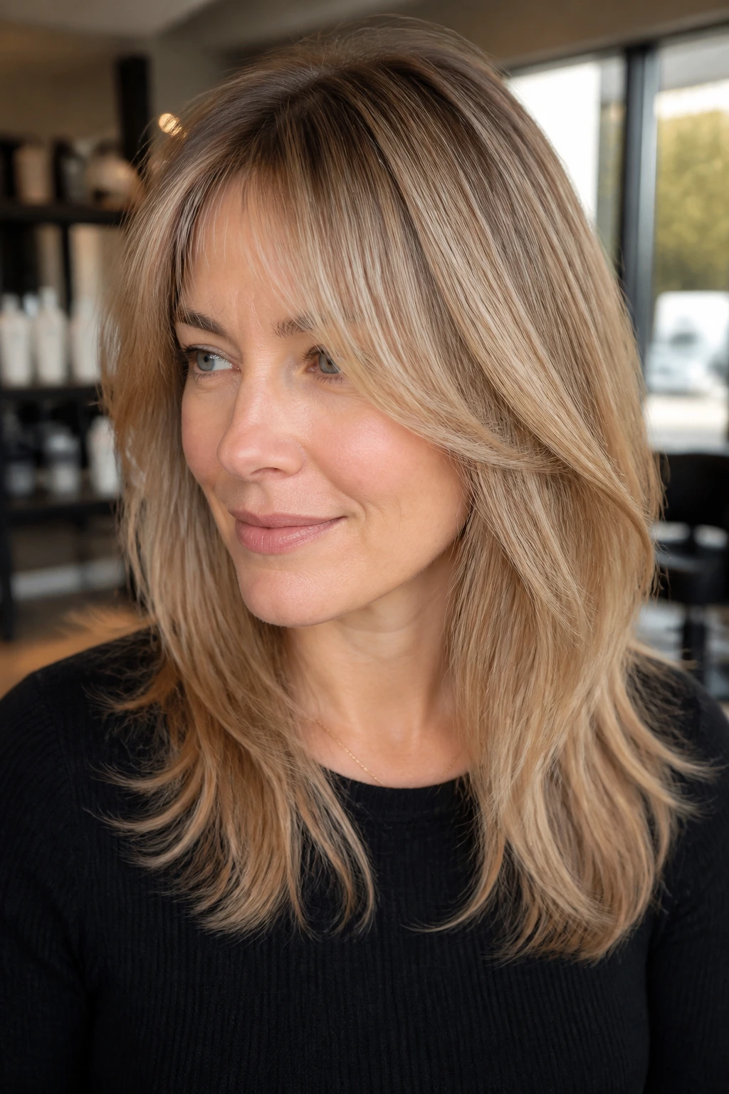 Close-up of a real woman with fine hair showing soft layered framing