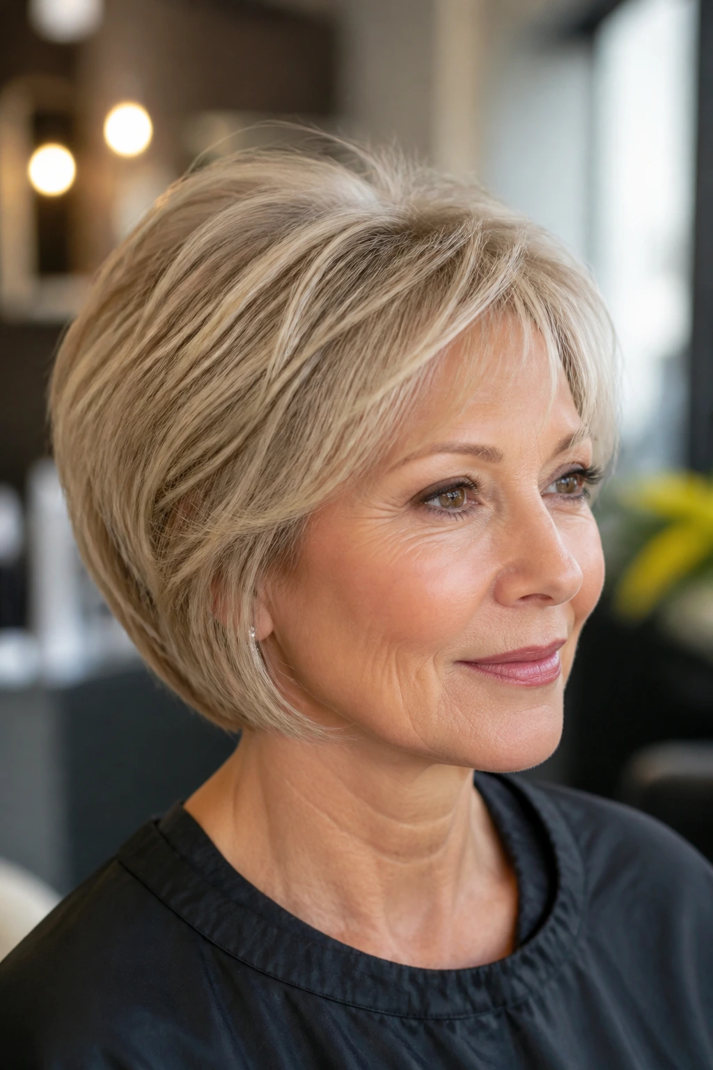 Close-up of a real woman with a layered haircut that keeps its shape, crown lift and defined perimeter