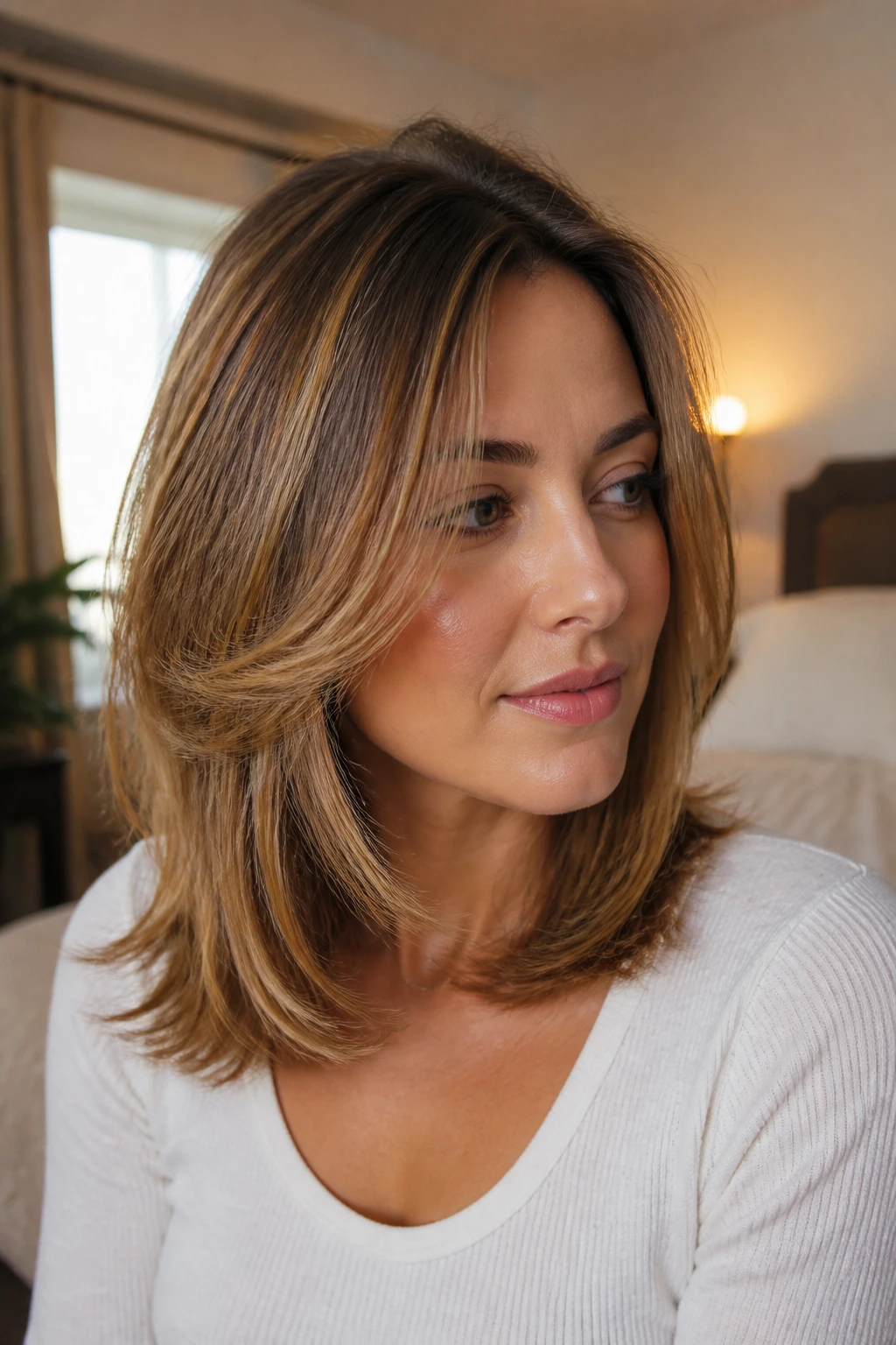 Portrait of a woman with a freshly maintained layered haircut between trims