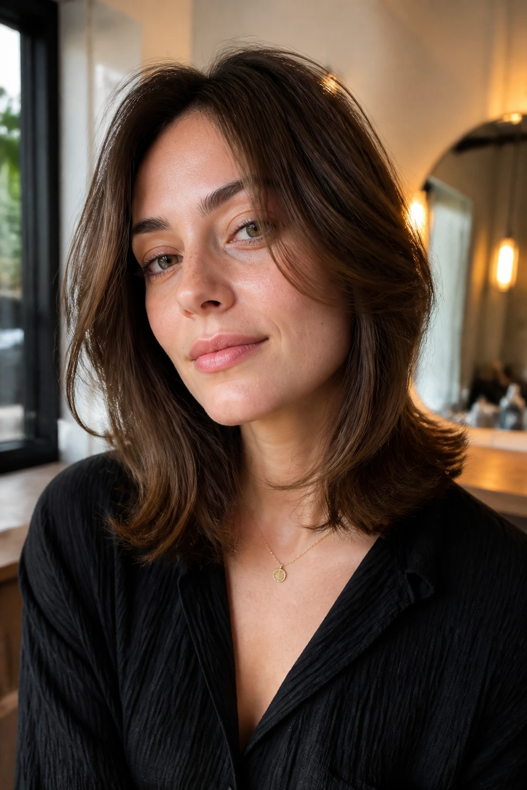 Close-up portrait of a real woman with a flattering layered medium-length haircut in warm light