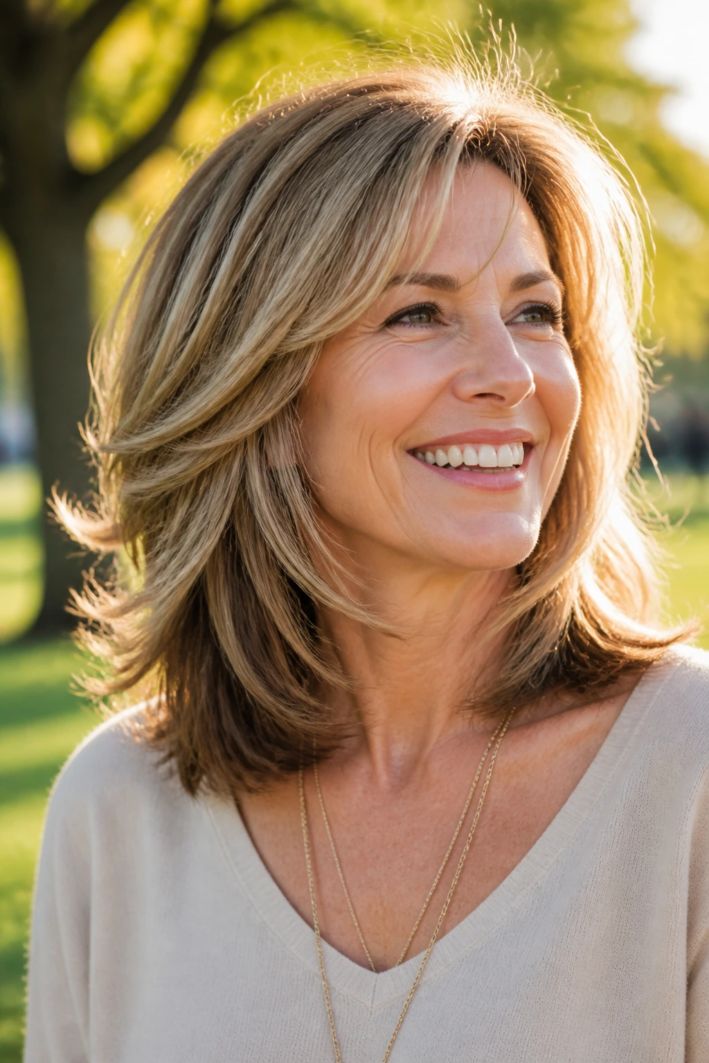Close-up of real woman with dynamic medium-length layered cut in a park breeze
