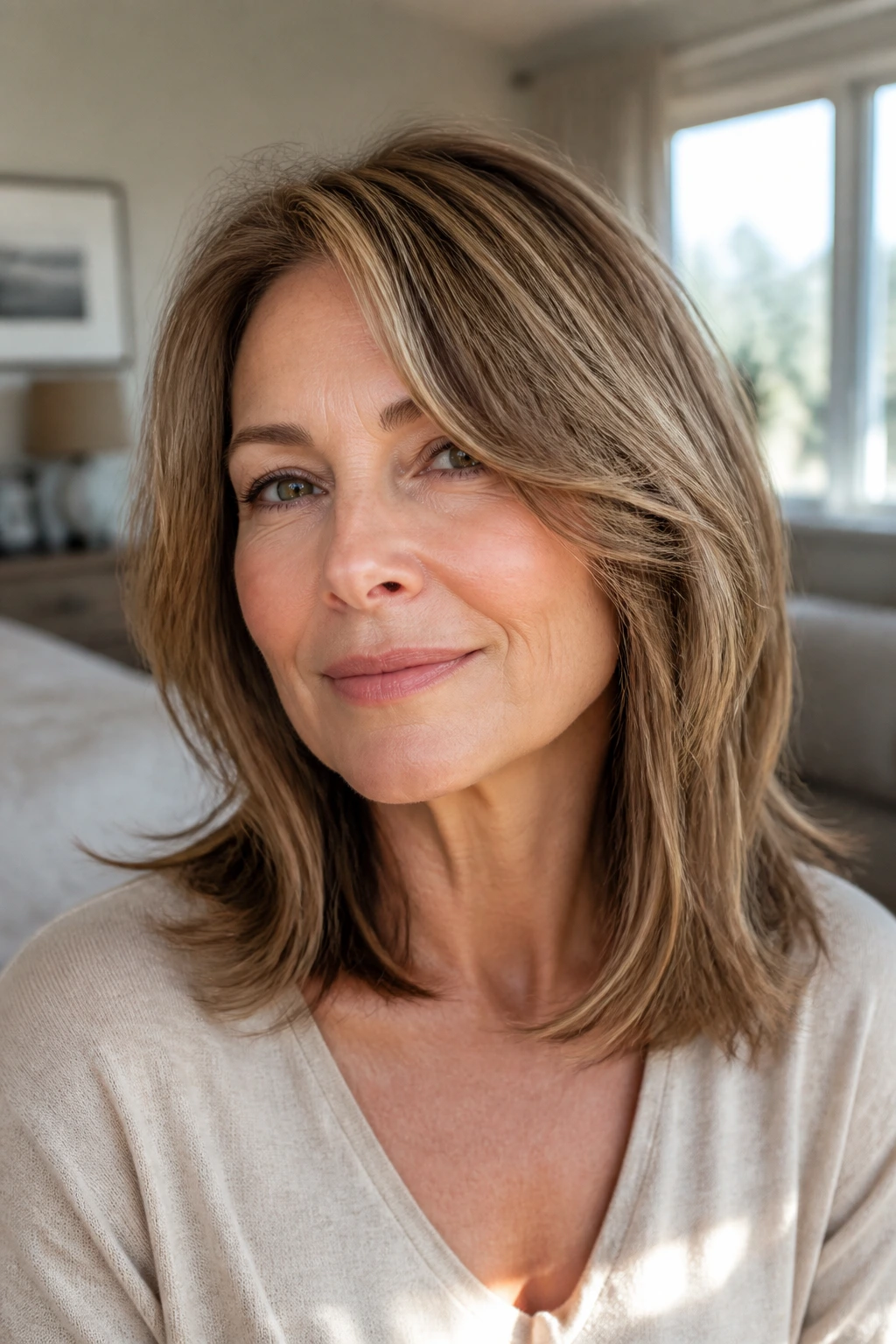 Close-up portrait of real woman with medium-length layered hair showing shape in natural window light