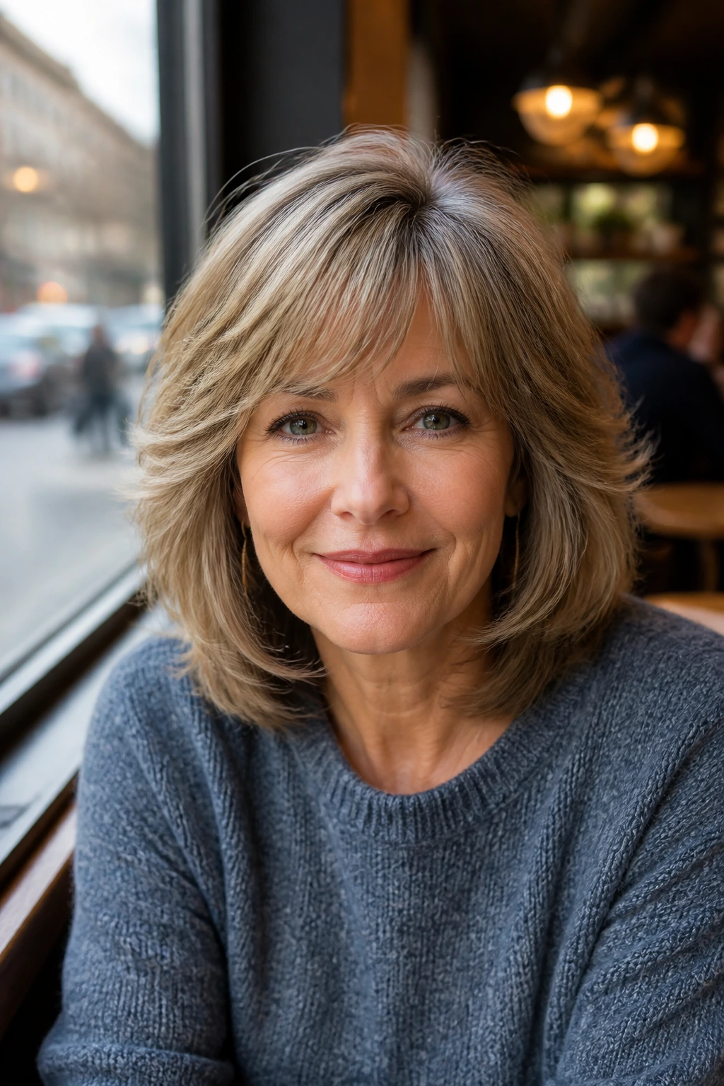 Close-up portrait of woman with layered haircut in a sunlit cafe setting