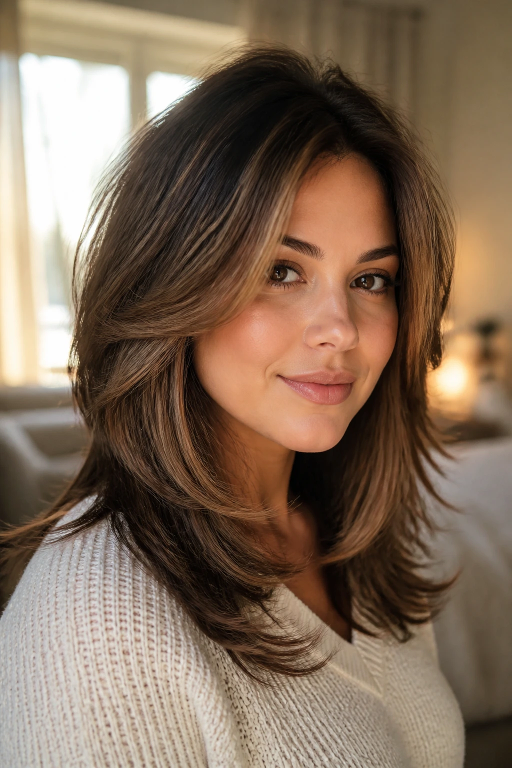 Close-up of a real woman with a layered haircut and balayage highlights, warm window light in a cozy bedroom
