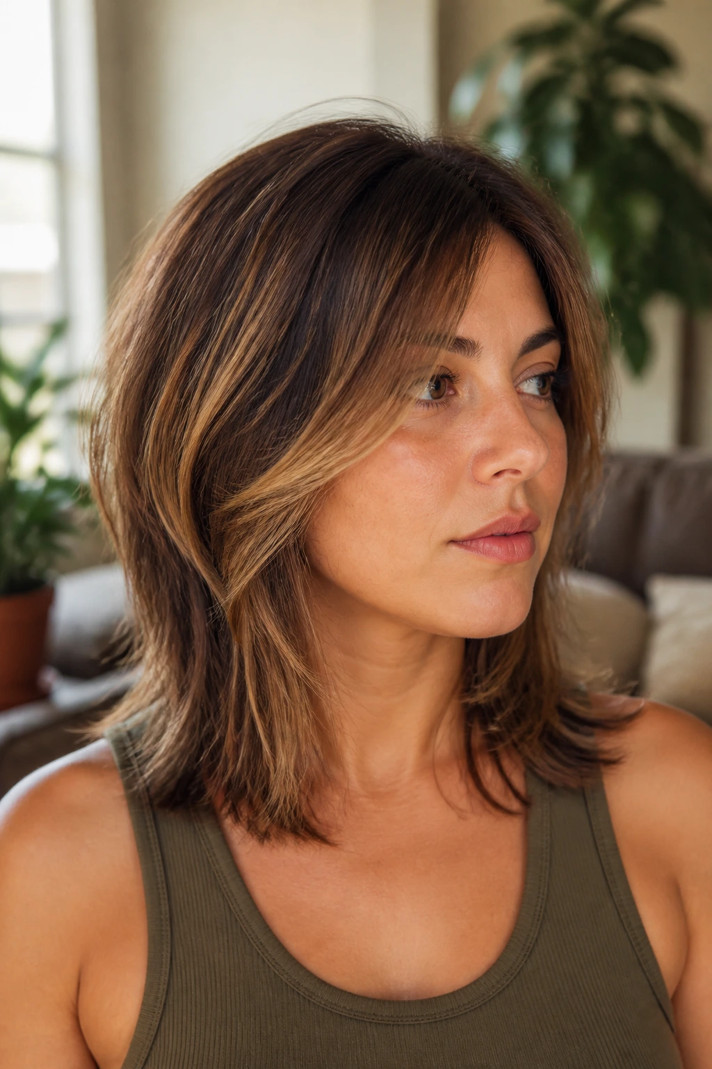 Portrait of a person with shoulder-length layered haircut showing variations.
