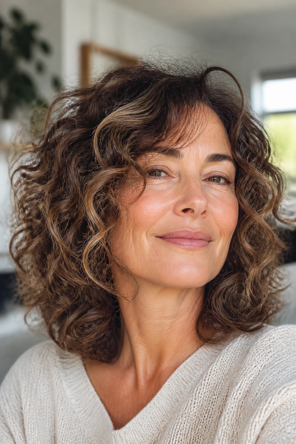 Portrait of a woman with curly, layered haircut showing adaptation for natural texture