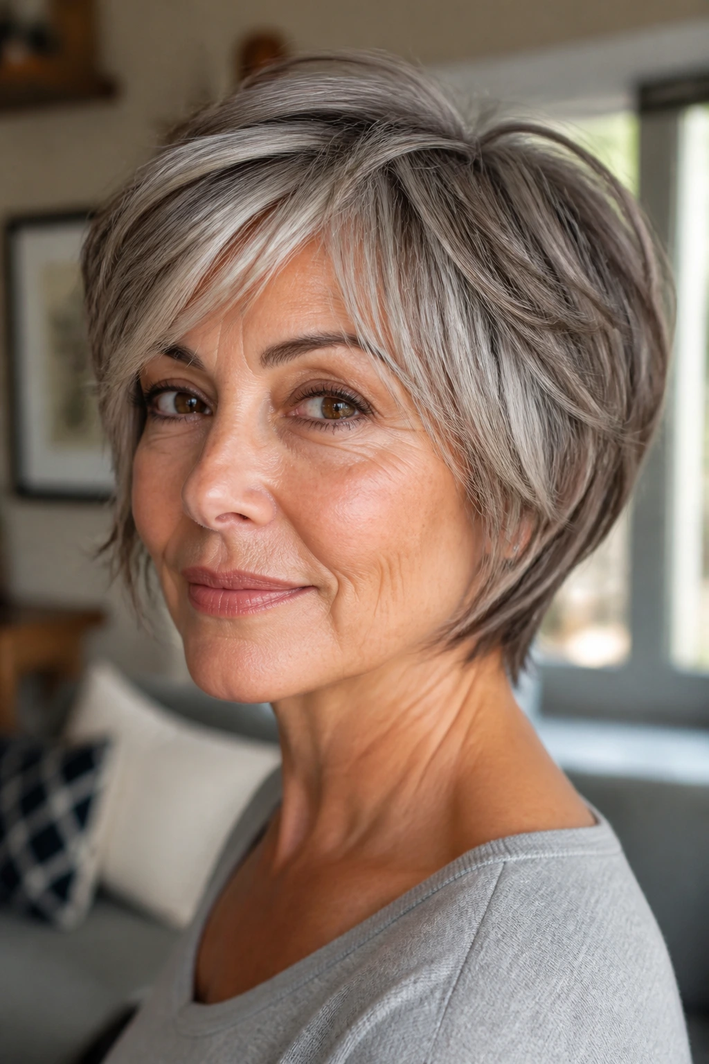 Close-up of a real woman with a layered short haircut showing softer front framing around jawline