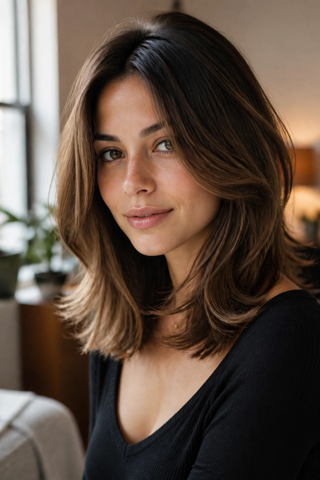 Close-up portrait of a woman with shoulder-length layered hair framing her face