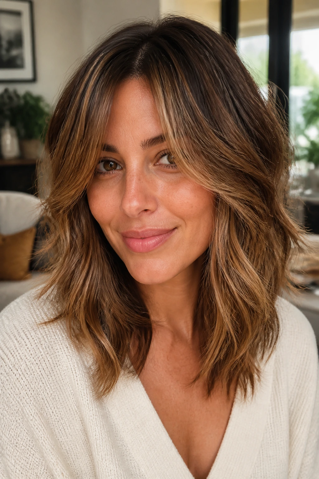 Close-up portrait of a real person with layered hair showing movement and balayage.