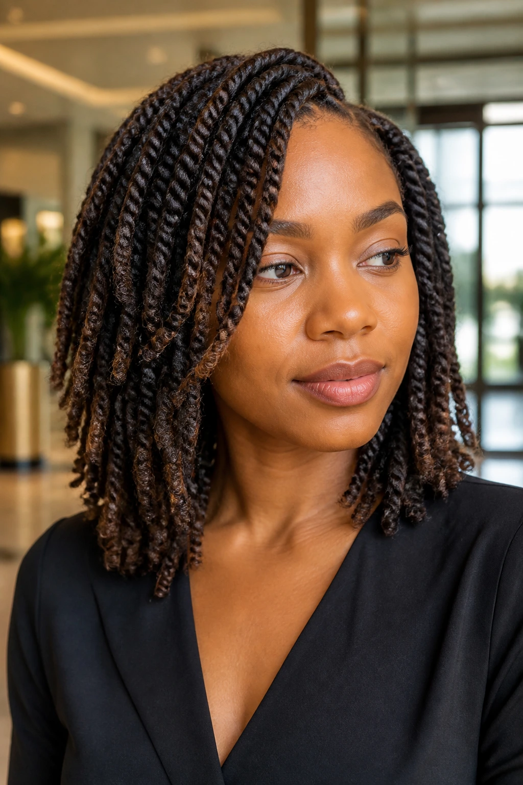 Woman with layered shoulder-length Havana twists in a softly lit setting