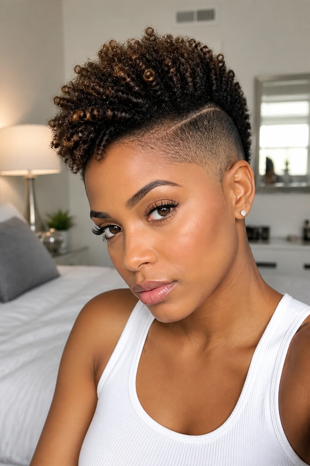 Close-up portrait of a real Black woman with layered hawk and taper fade hairstyle