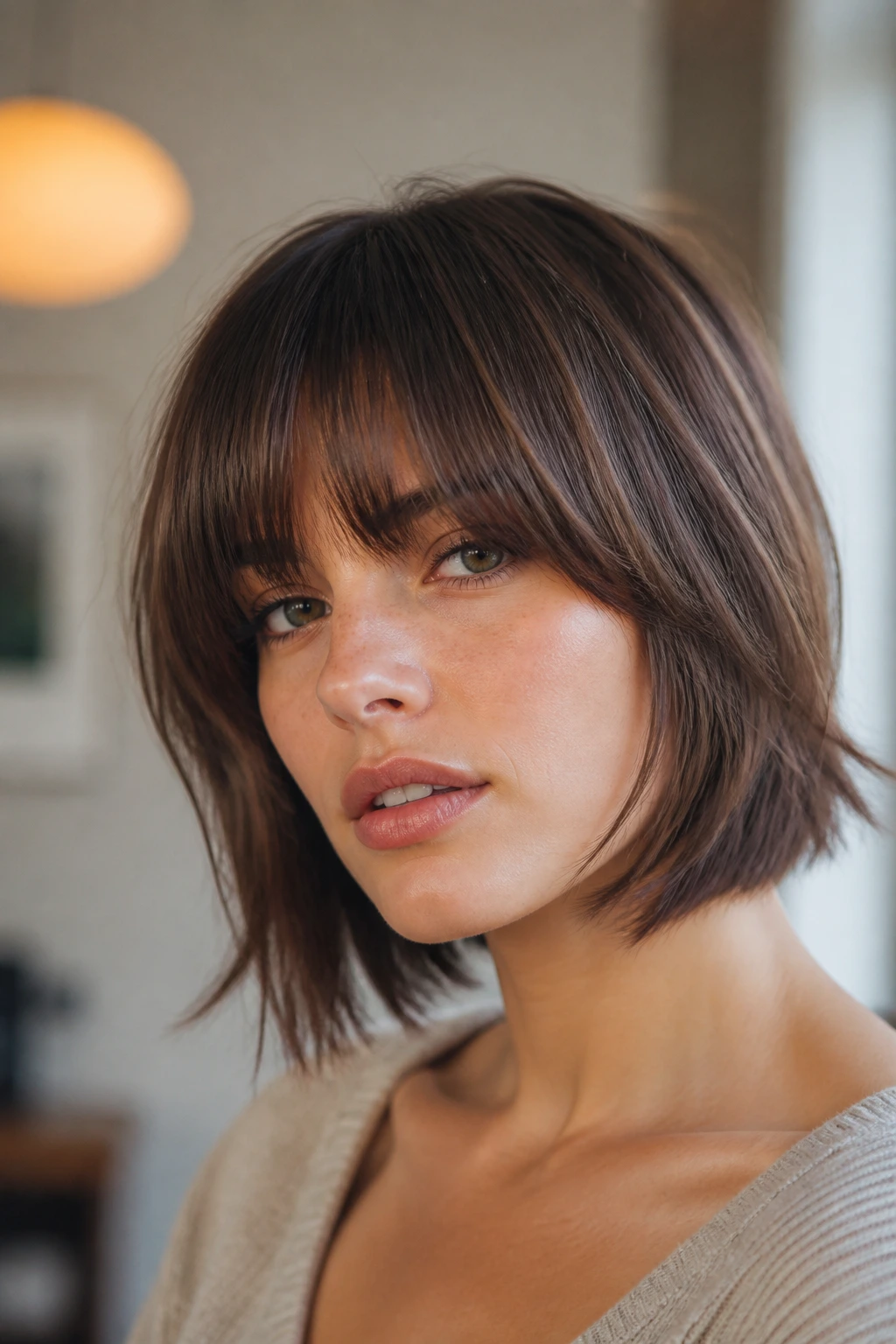 Close-up of layered Italian bob shag with full bangs on a real person in a bright stylish apartment