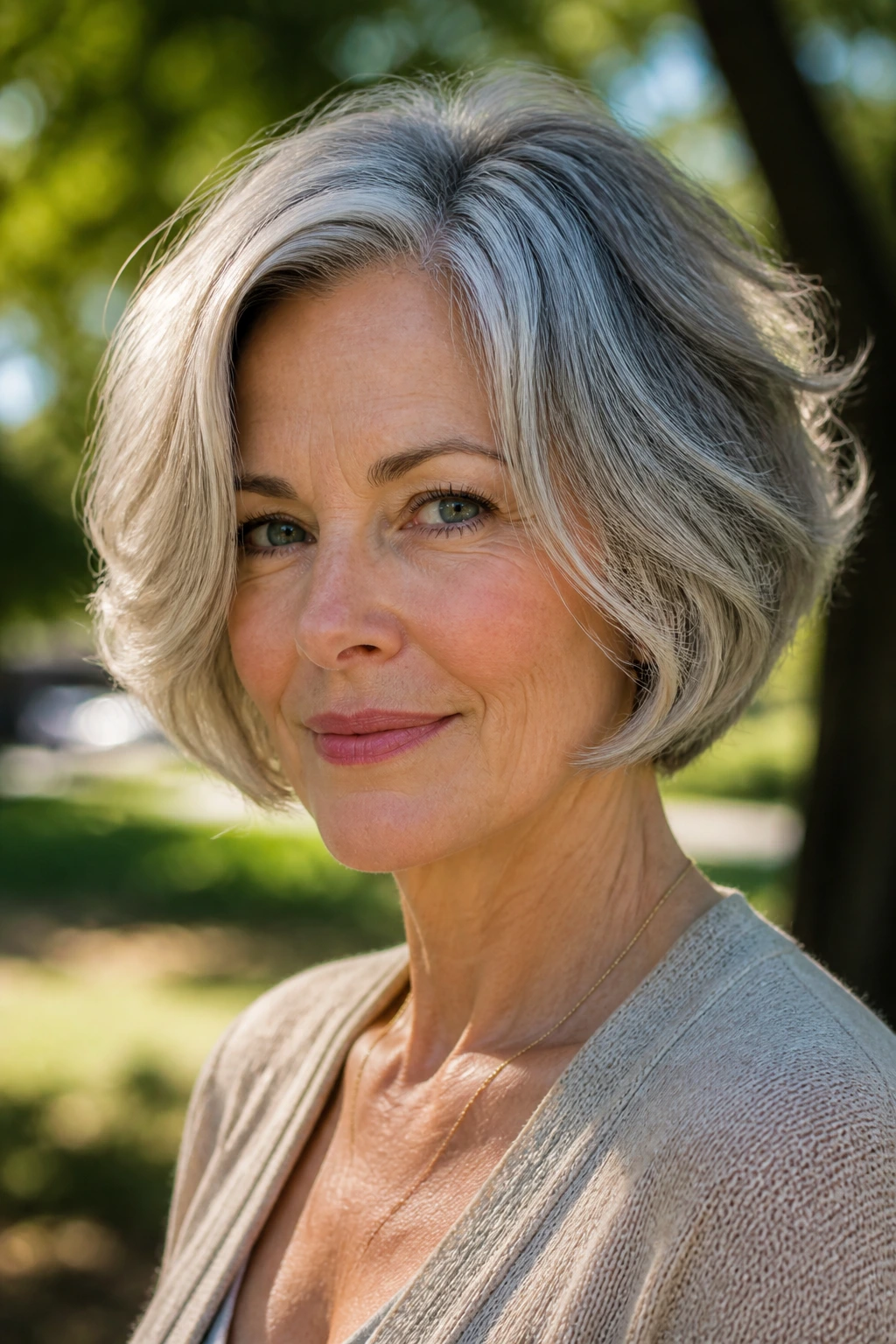 Close-up of older woman with layered jaw-length bob in park light