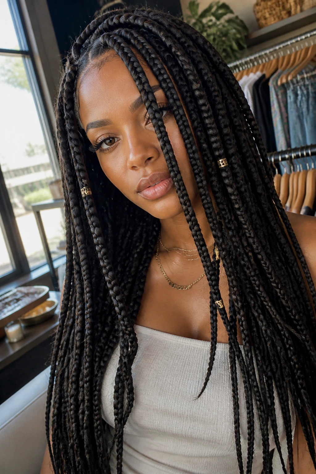Real woman with layered mixed-length jumbo box braids