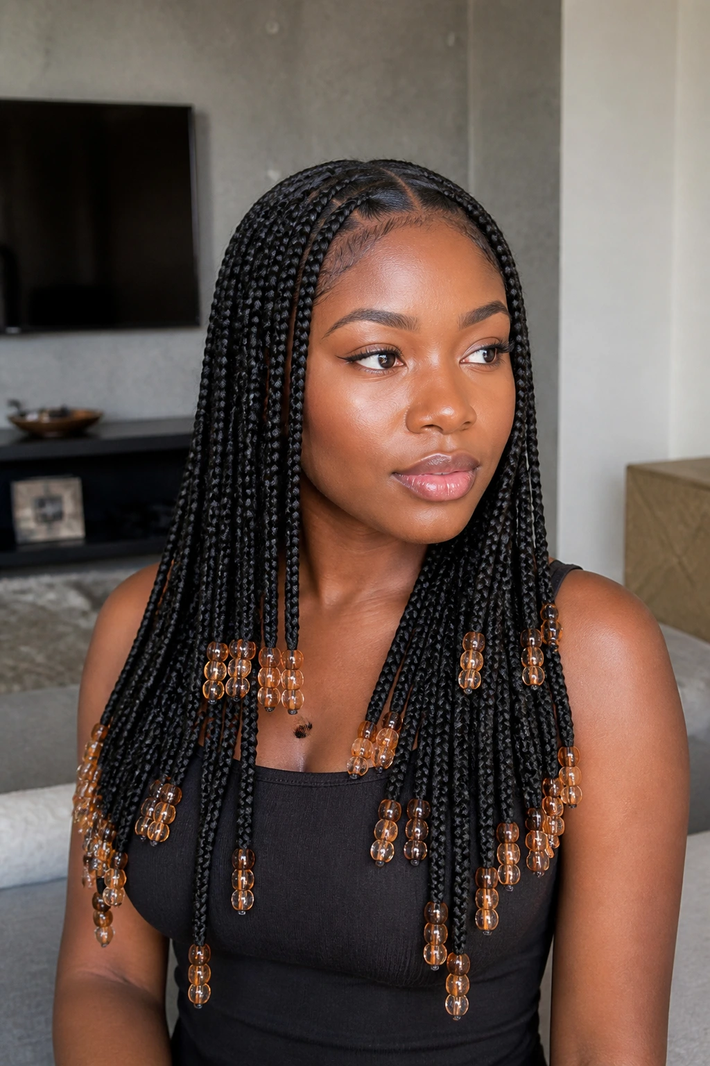 Portrait of layered knotless braids with even bead placement