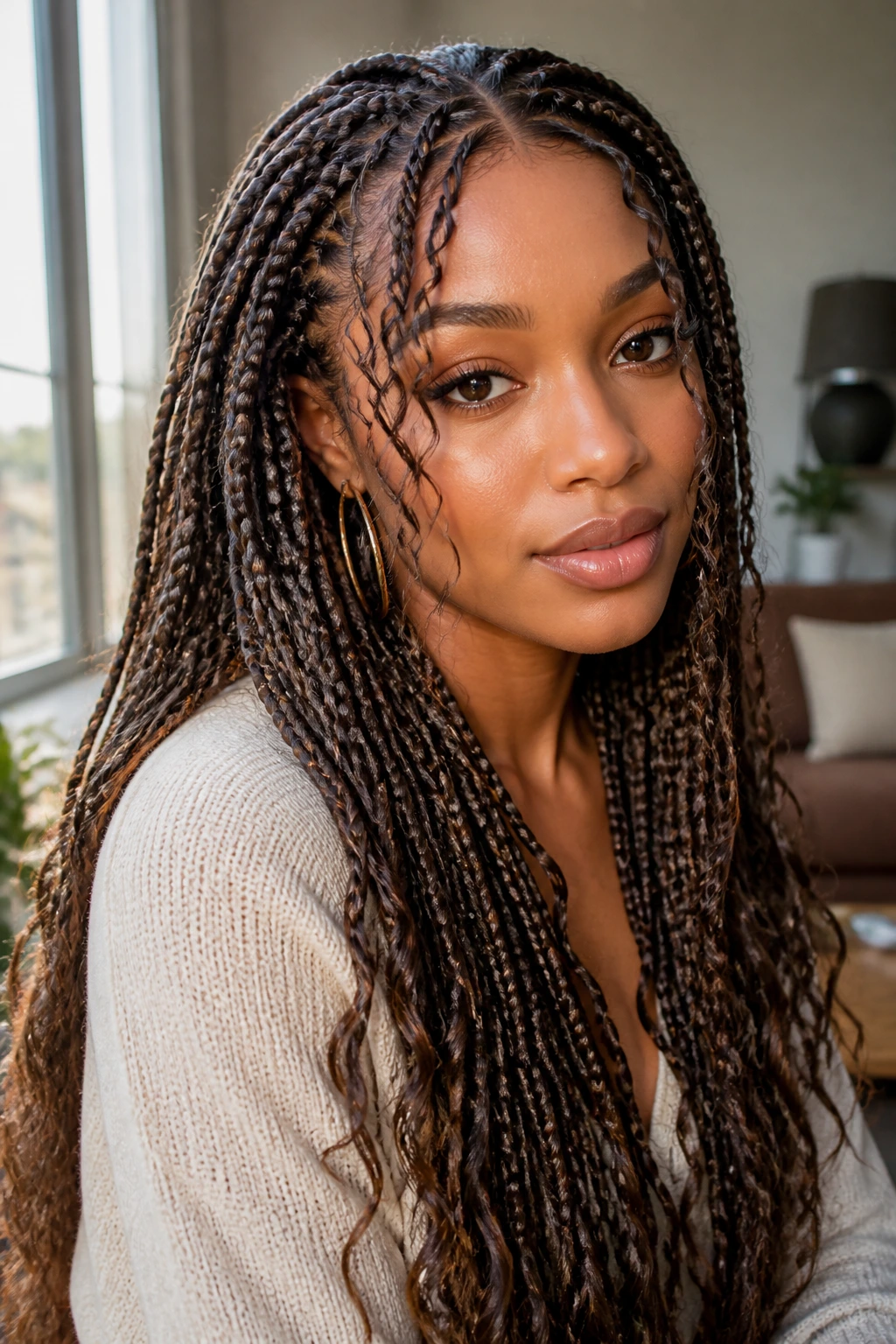 Real woman with layered knotless braids and face-framing tendrils