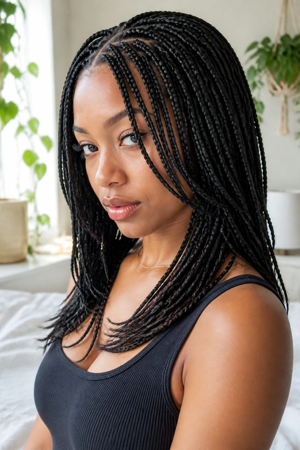 Close-up of a real person with layered knotless braids in a bright bedroom